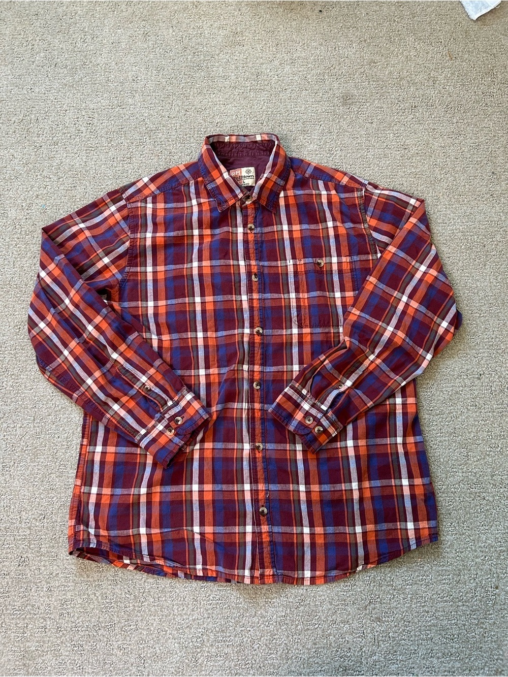 Ruff Hewn Plaid Flannel Shirt Button Down Long Sleeve Mens Size LG Orange & Blue